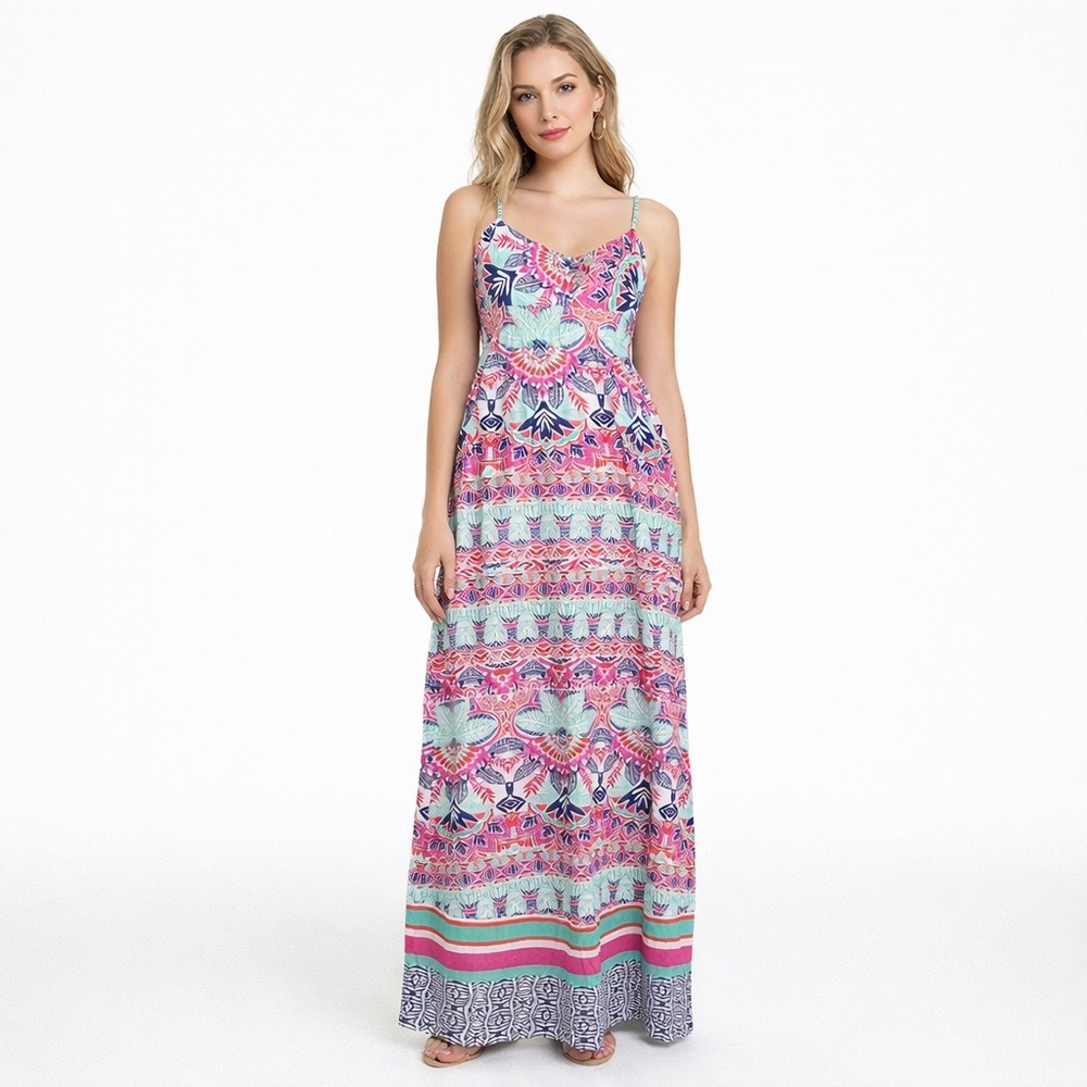 NWT Aeropostale Small Maxi Dress Spaghetti Strap Colorful Tie Back Summer‎